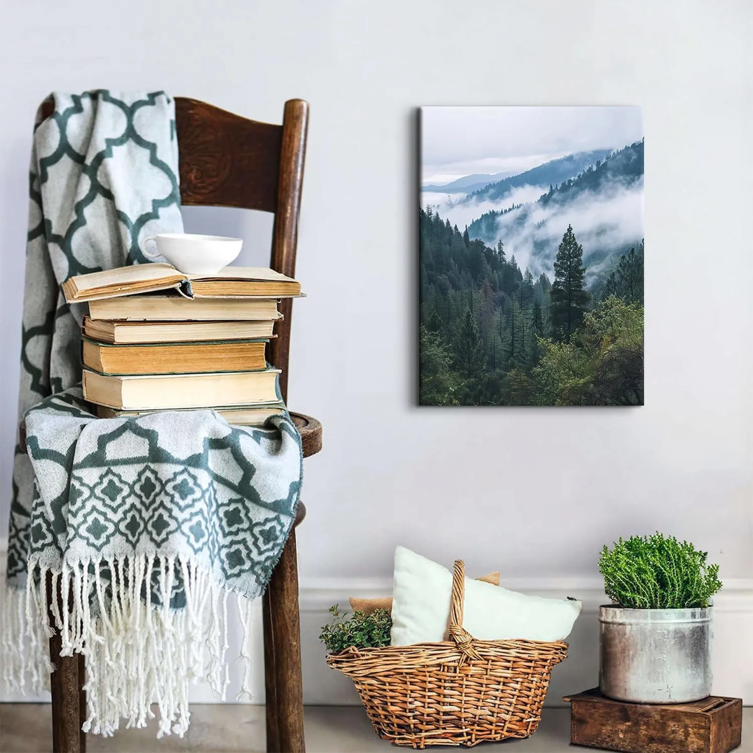 Foggy Forest Wall Art Misty Pine Tree Wall Decor Great Smoky Mountain Landscape Picture Canvas Prints for Living Room Bathroom Nature Green Woodland Poster Painting Artwork Home Decorations 12x16”