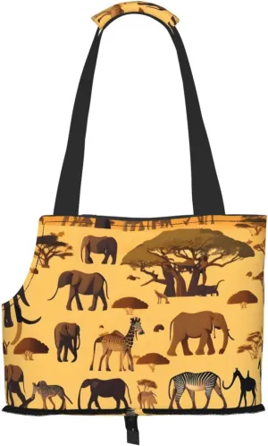 Foldable Dog Travel Tote with Safety Buckle, African Grassland Animals Printed Small Pet Tote Bag (13.4" L x 6.1" W x H)