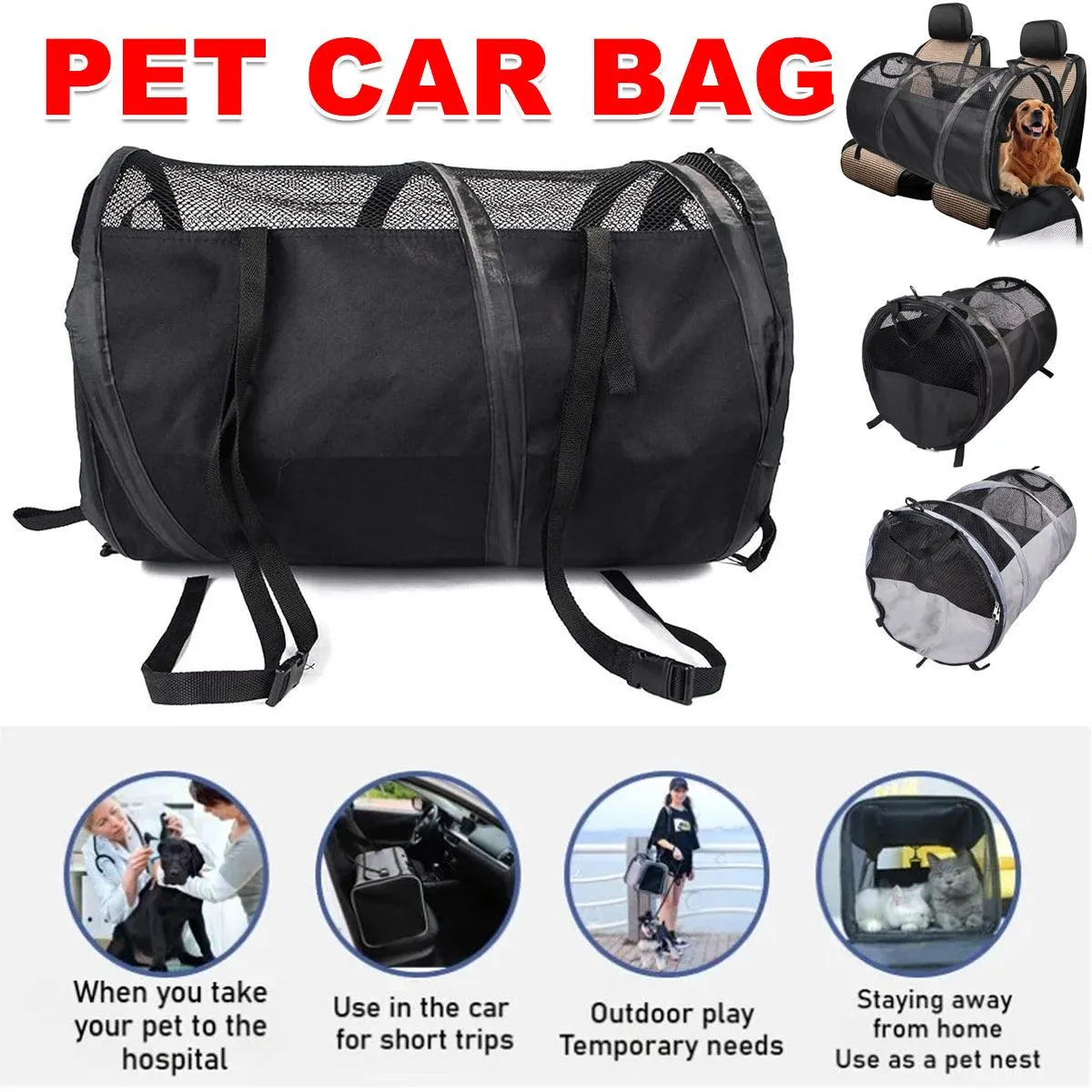 Foldable Pet Car Carrier Bag Breathable Travel Tent Portable Safety Kennel