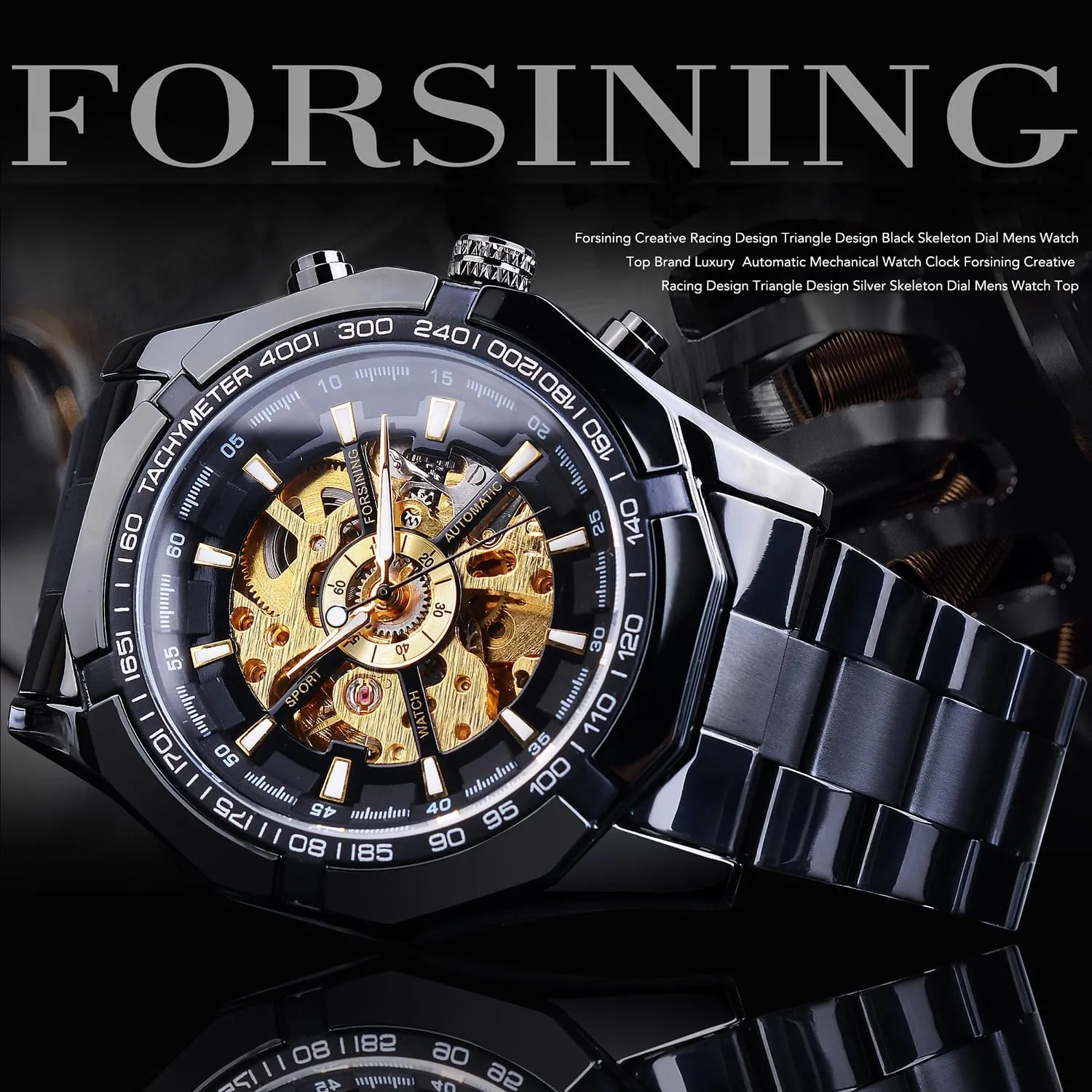 FORSINING Men's Watch Self-Wind Skeleton Hollow Out Mechanical Automatic Luxury Watches, Blue Black Stainless Steel Band Waterproof Wristwatch