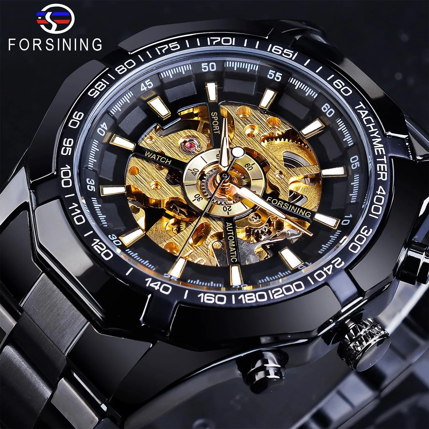 FORSINING Men's Watch Self-Wind Skeleton Hollow Out Mechanical Automatic Luxury Watches, Blue Black Stainless Steel Band Waterproof Wristwatch