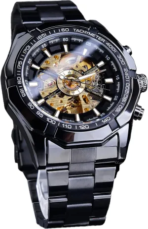 FORSINING Men's Watch Self-Wind Skeleton Hollow Out Mechanical Automatic Luxury Watches, Blue Black Stainless Steel Band Waterproof Wristwatch