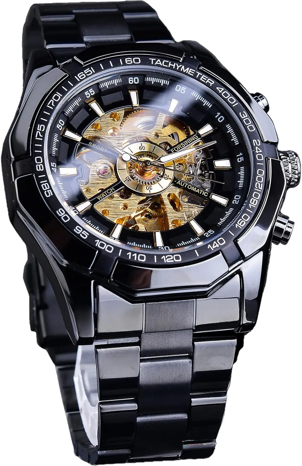 FORSINING Men's Watch Self-Wind Skeleton Hollow Out Mechanical Automatic Luxury Watches, Blue Black Stainless Steel Band Waterproof Wristwatch