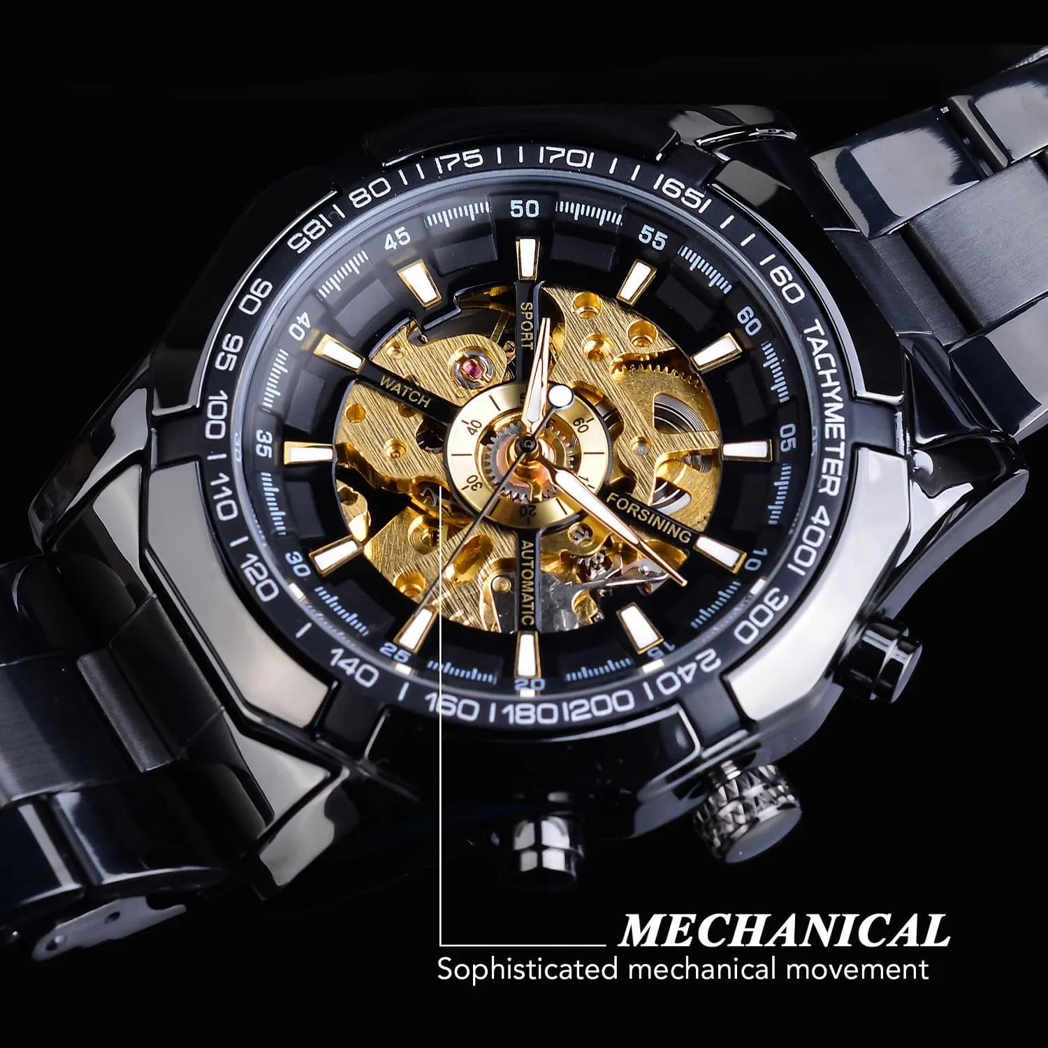 FORSINING Men's Watch Self-Wind Skeleton Hollow Out Mechanical Automatic Luxury Watches, Blue Black Stainless Steel Band Waterproof Wristwatch