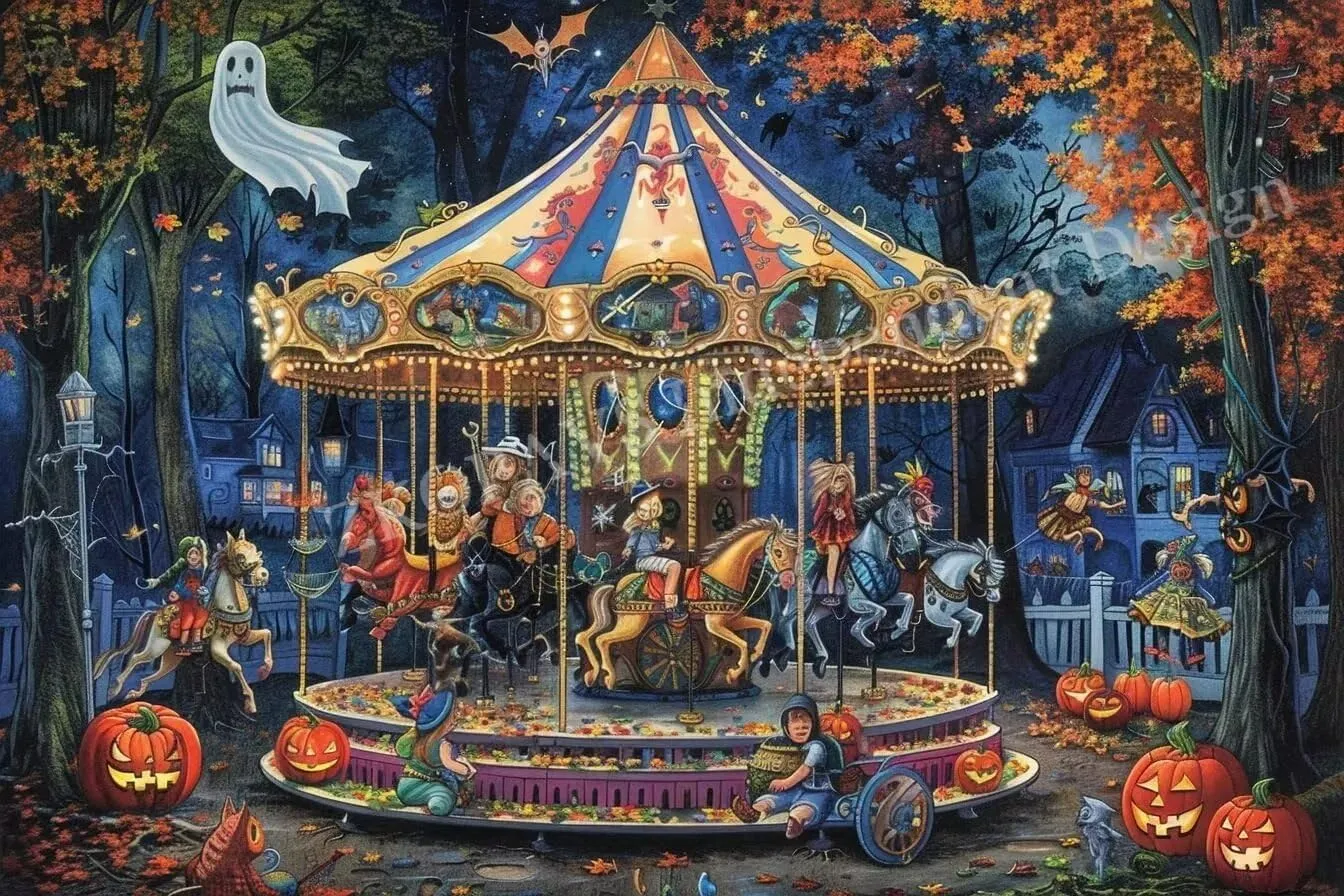 Framed Canvas Wall Art Halloween Amusement Park Modern Home Decor Abstract Oil Painting Series,Niche Wall Art (Hangable 20X24 inch) Wooden Inner Frame Wall Poster Canvas