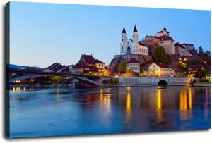 Framed Print Poster Switzerland Evening Castles Rivers Bridges Arburg Canvas Prints Wall Art For Home Office Decorations With Framed 18"x12"