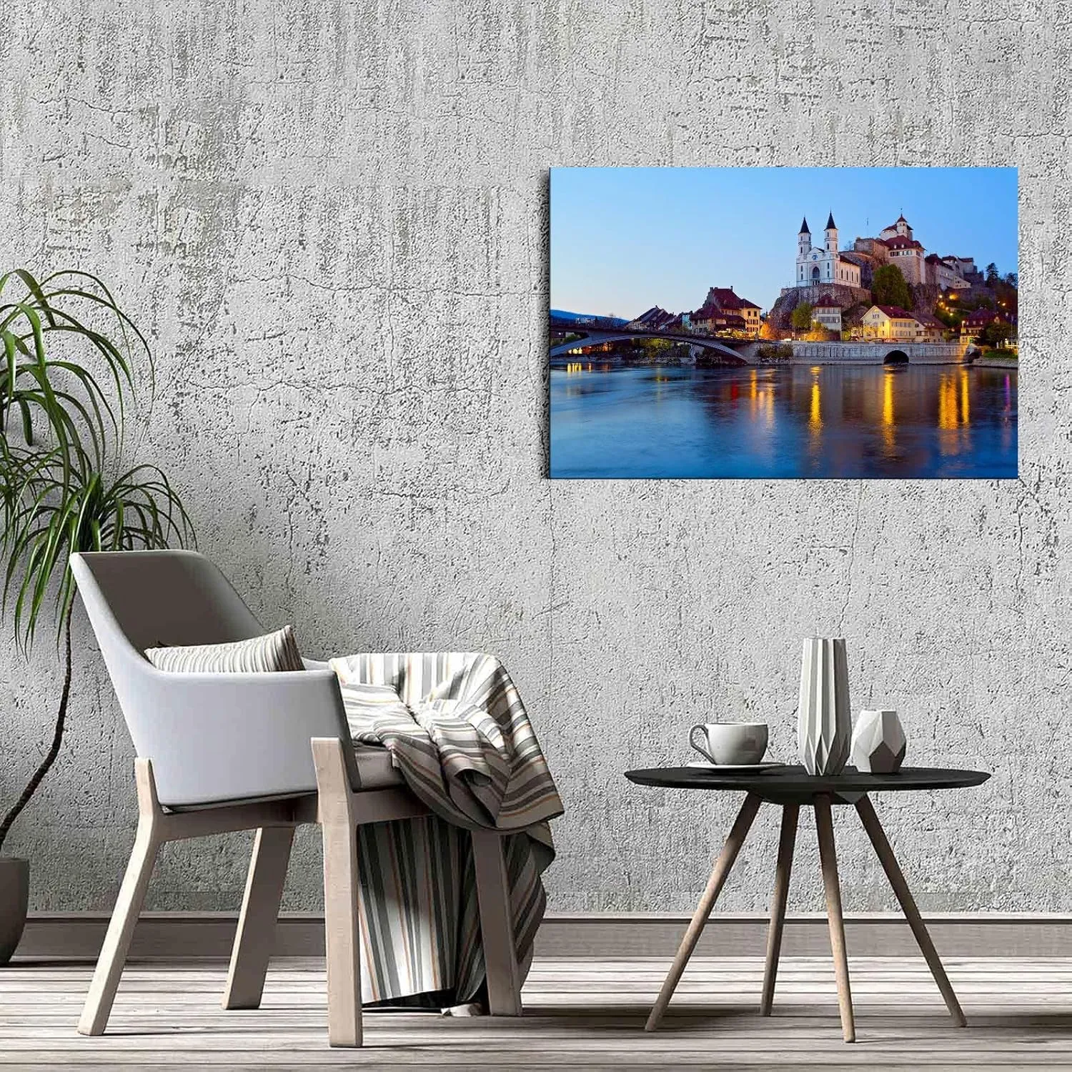 Framed Print Poster Switzerland Evening Castles Rivers Bridges Arburg Canvas Prints Wall Art For Home Office Decorations With Framed 18"x12"