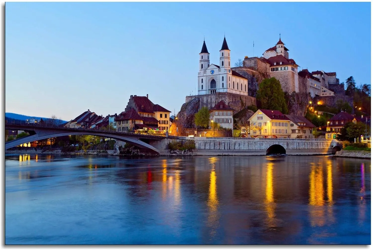 Framed Print Poster Switzerland Evening Castles Rivers Bridges Arburg Canvas Prints Wall Art For Home Office Decorations With Framed 18"x12"