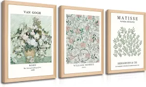 Framed Sage Green Vintage Wall Art Set of 3, Abstract Matisse Canvas Wall Decor, Van Gogh Flower Posters Artwork, William Morris Paintings Prints for Bedroom Living Room Home Decor Wood Frame 12x16In