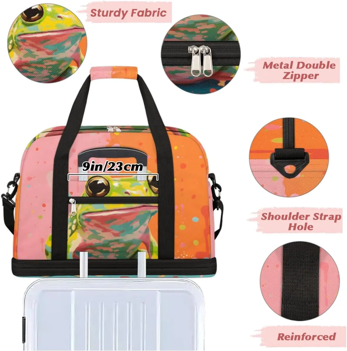 Frog Animal Foldable Travel Duffel Bag Overnight Weekender Bag with Shoes Compartment Sports Gym Bag for Men Women
