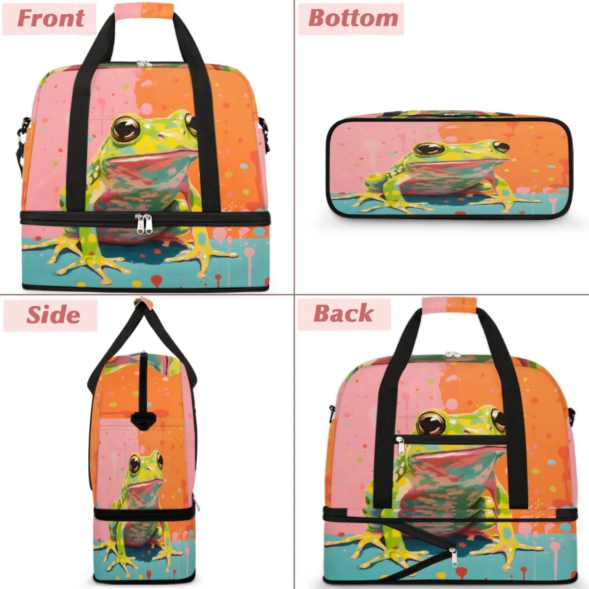 Frog Animal Foldable Travel Duffel Bag Overnight Weekender Bag with Shoes Compartment Sports Gym Bag for Men Women