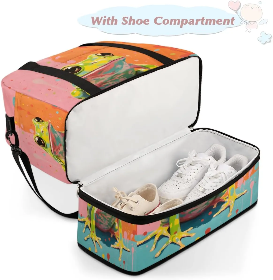 Frog Animal Foldable Travel Duffel Bag Overnight Weekender Bag with Shoes Compartment Sports Gym Bag for Men Women