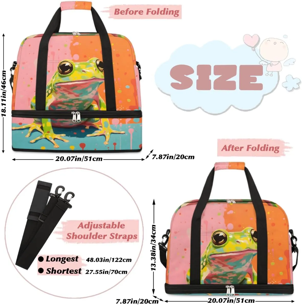 Frog Animal Foldable Travel Duffel Bag Overnight Weekender Bag with Shoes Compartment Sports Gym Bag for Men Women