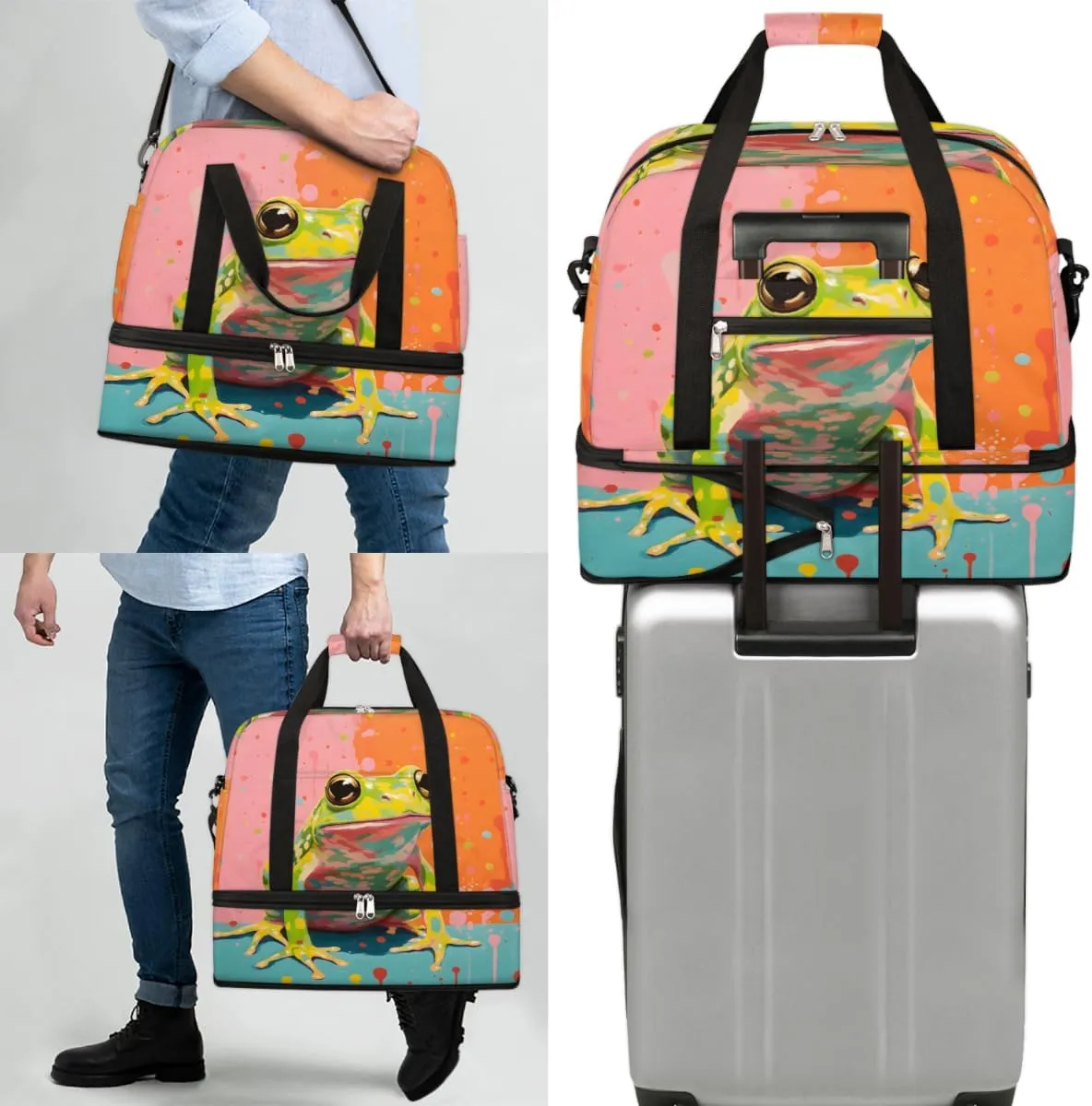 Frog Animal Foldable Travel Duffel Bag Overnight Weekender Bag with Shoes Compartment Sports Gym Bag for Men Women
