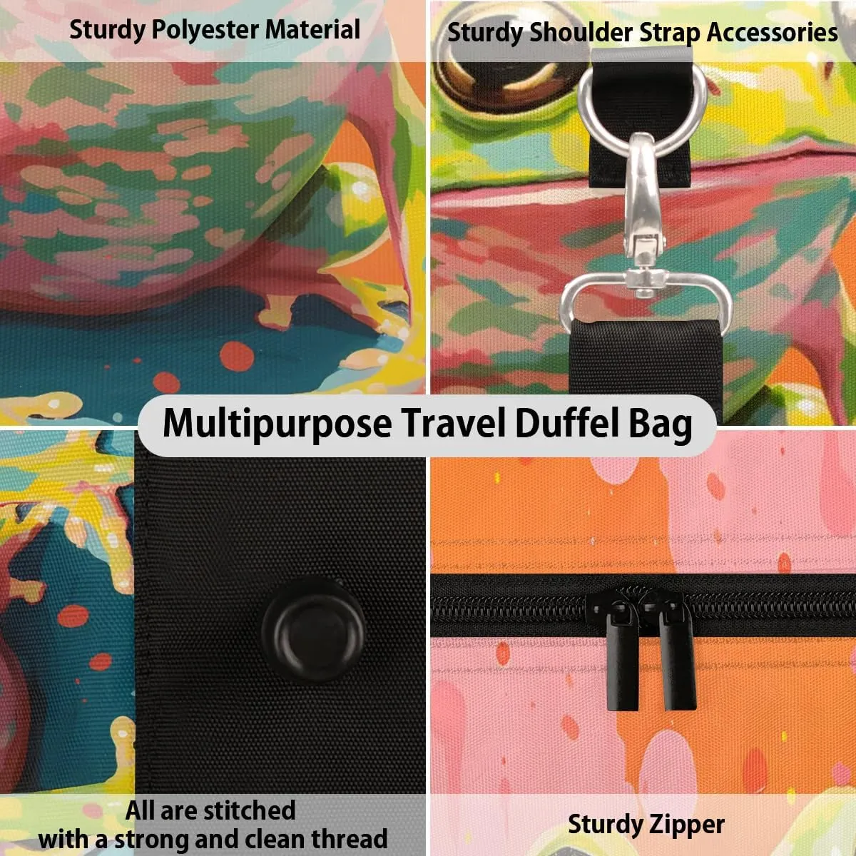 Frog Animal Travel Duffel Bag for Women Men Waterproof Foldable Overnight Weekender Bag Large Capacity Sports Gym Bag