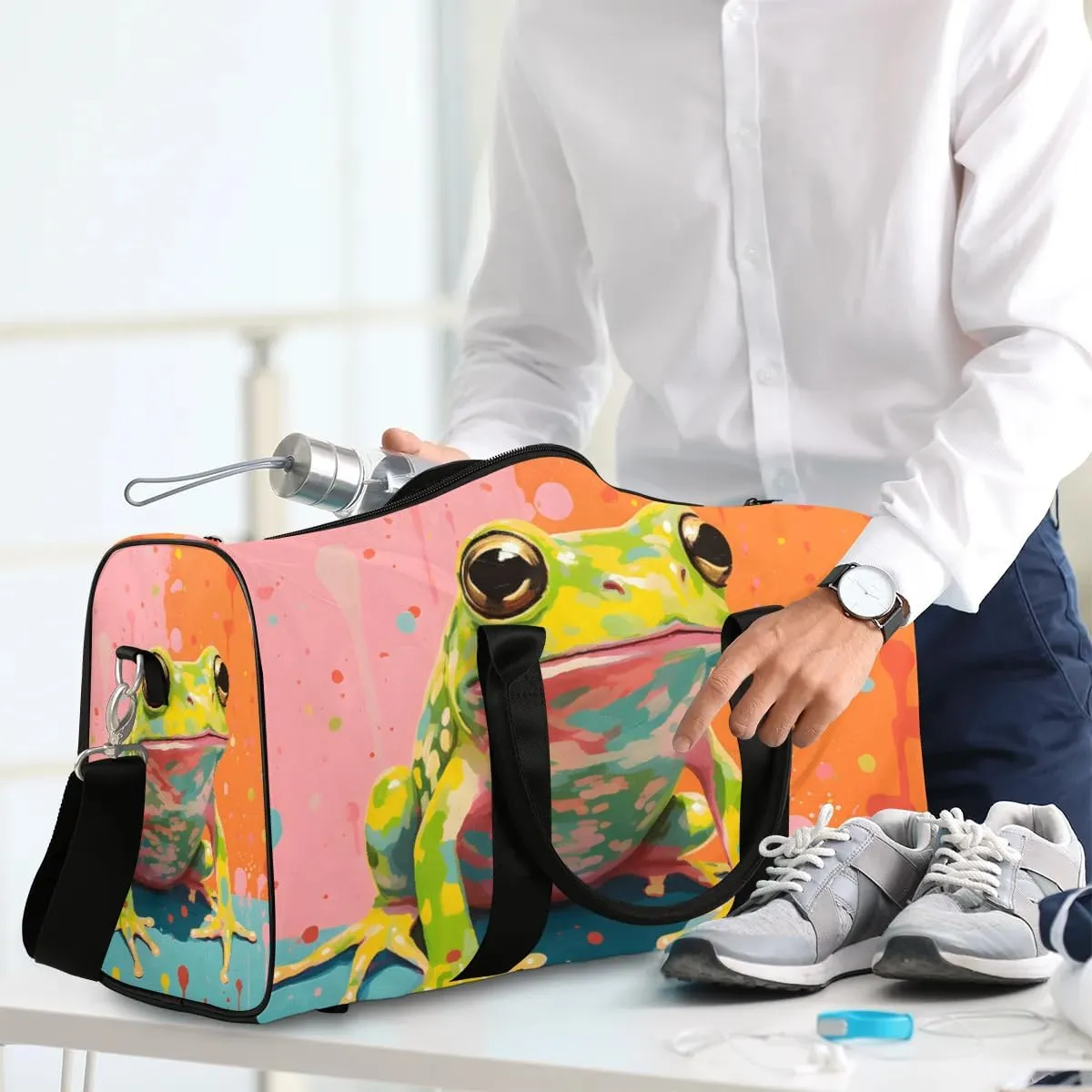 Frog Animal Travel Duffel Bag for Women Men Waterproof Foldable Overnight Weekender Bag Large Capacity Sports Gym Bag