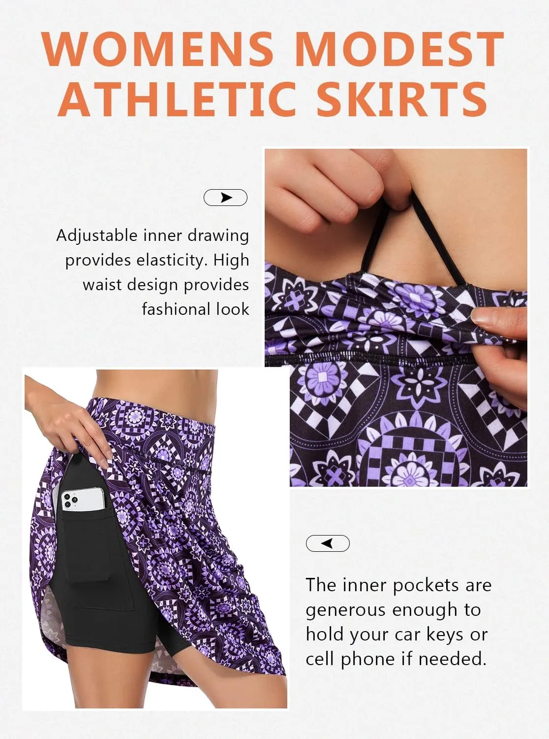 Fulbelle Golf Skorts Skirts for Women with 3 Pockets 20" Knee Length High Waisted Skorts
