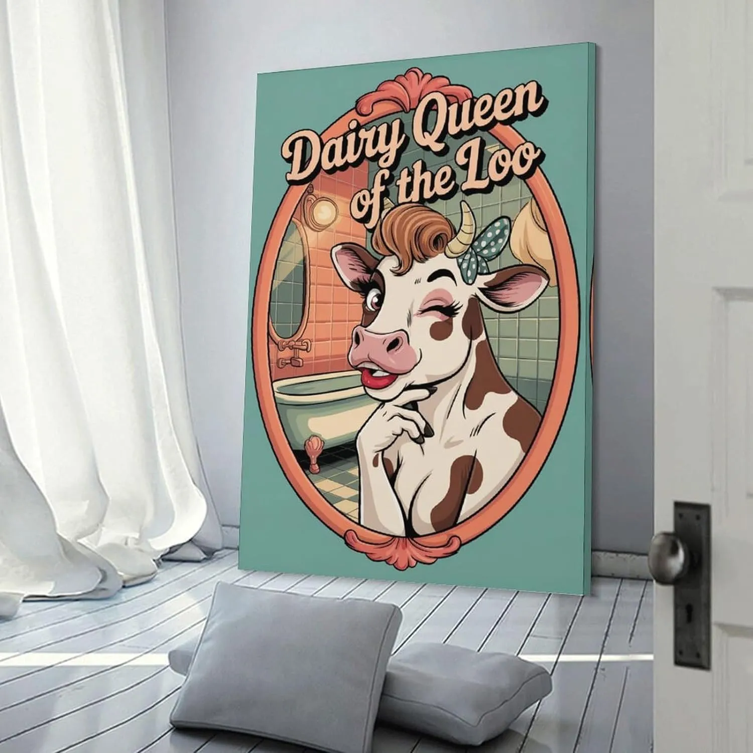 Funny Bathroom Poster Featuring Cow Bathroom Mirror Pose Dairy Queen Canvas Poster Frame-style 16x24inch(40x60cm)