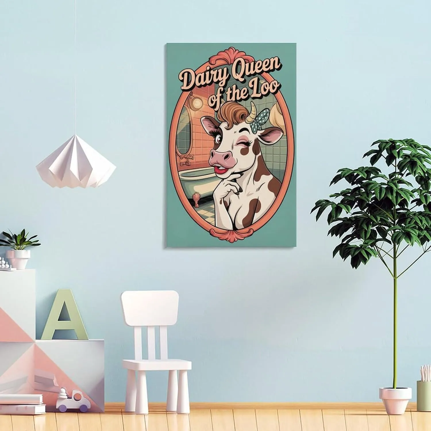 Funny Bathroom Poster Featuring Cow Bathroom Mirror Pose Dairy Queen Canvas Poster Frame-style 16x24inch(40x60cm)