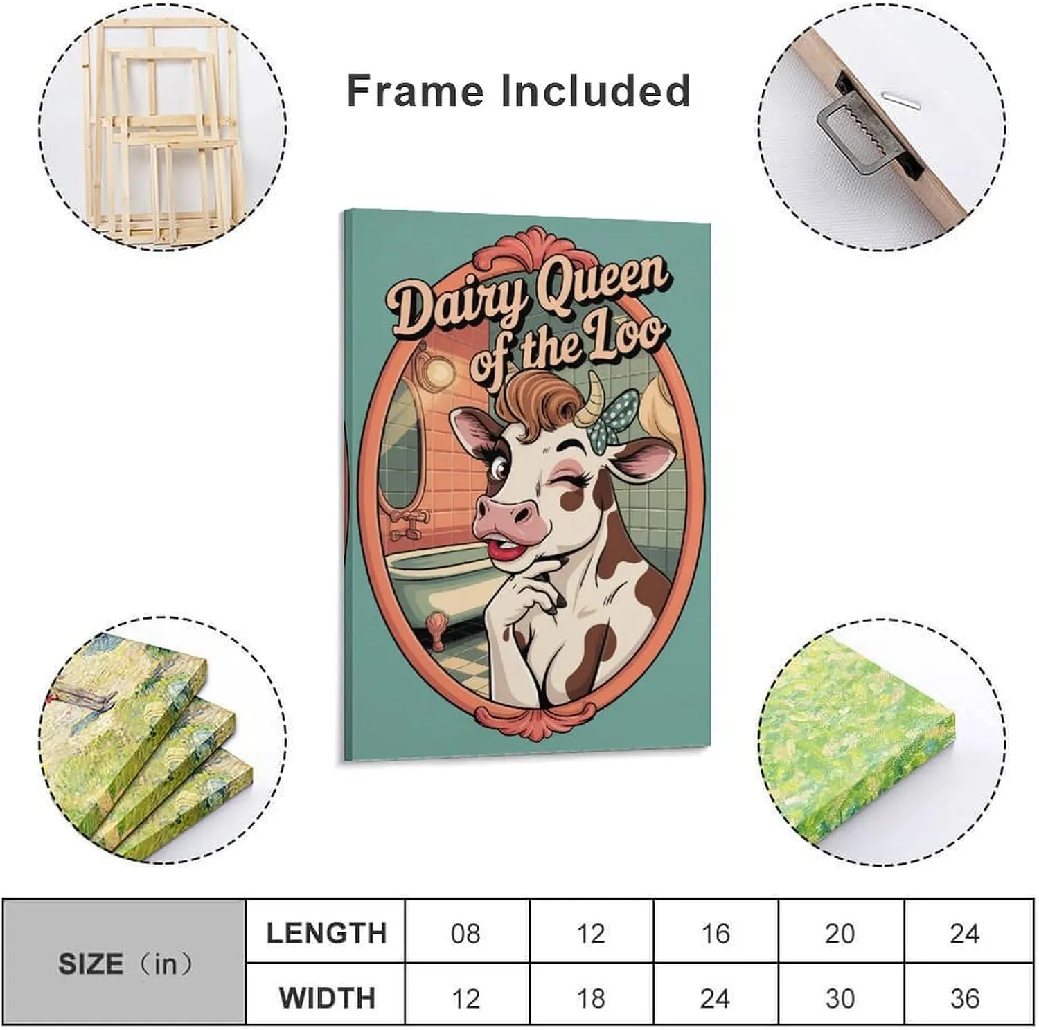 Funny Bathroom Poster Featuring Cow Bathroom Mirror Pose Dairy Queen Canvas Poster Frame-style 16x24inch(40x60cm)