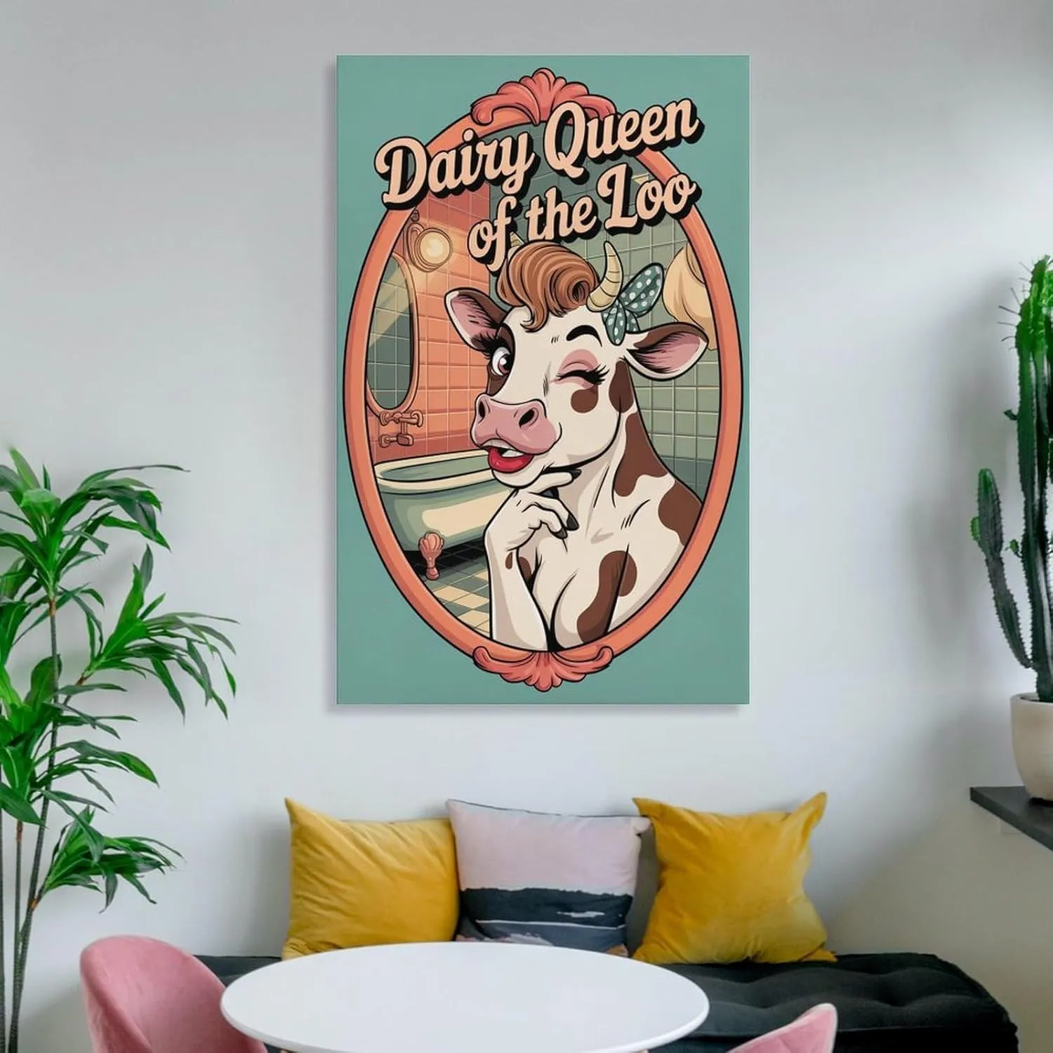 Funny Bathroom Poster Featuring Cow Bathroom Mirror Pose Dairy Queen Canvas Poster Frame-style 16x24inch(40x60cm)