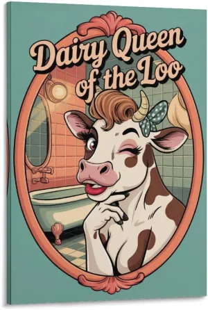 Funny Bathroom Poster Featuring Cow Bathroom Mirror Pose Dairy Queen Canvas Poster Frame-style 16x24inch(40x60cm)
