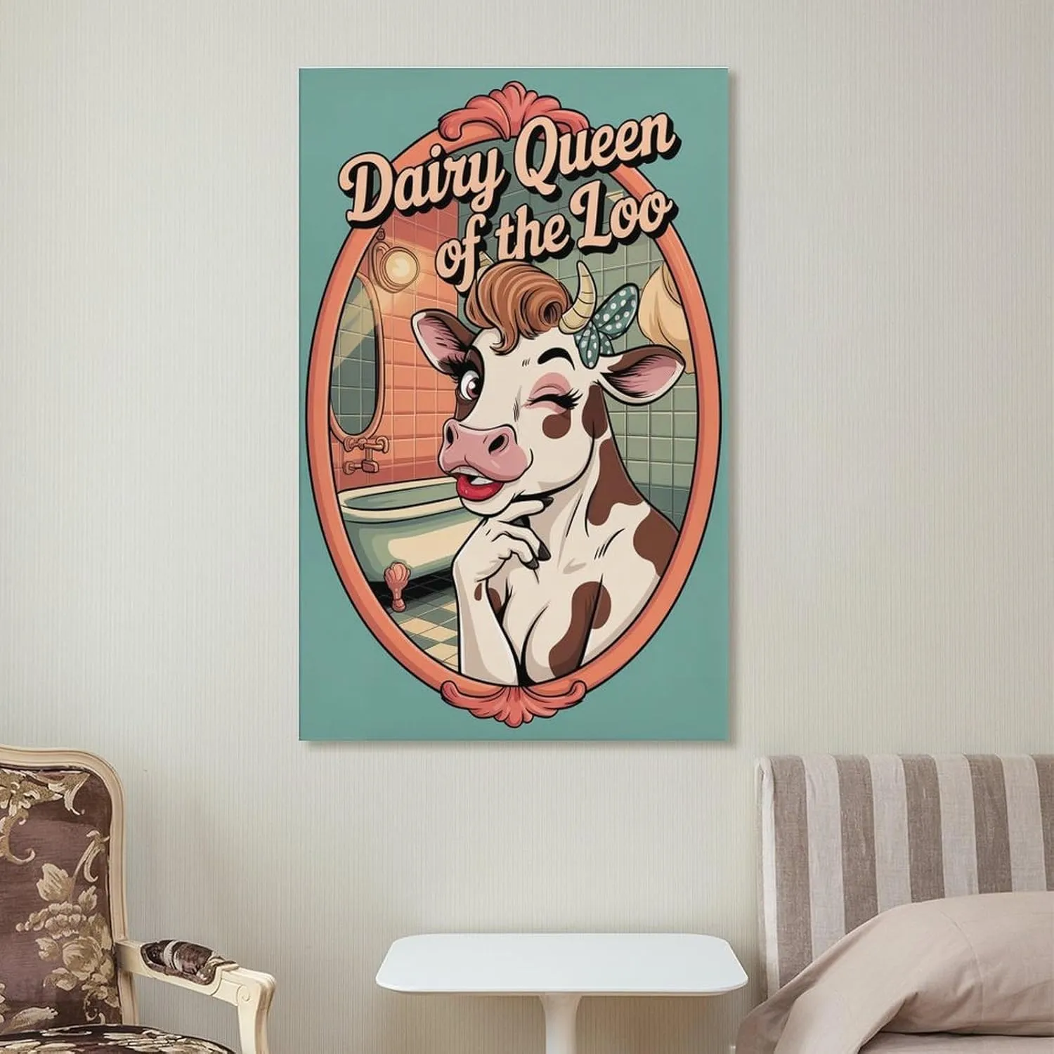 Funny Bathroom Poster Featuring Cow Bathroom Mirror Pose Dairy Queen Canvas Poster Frame-style 16x24inch(40x60cm)