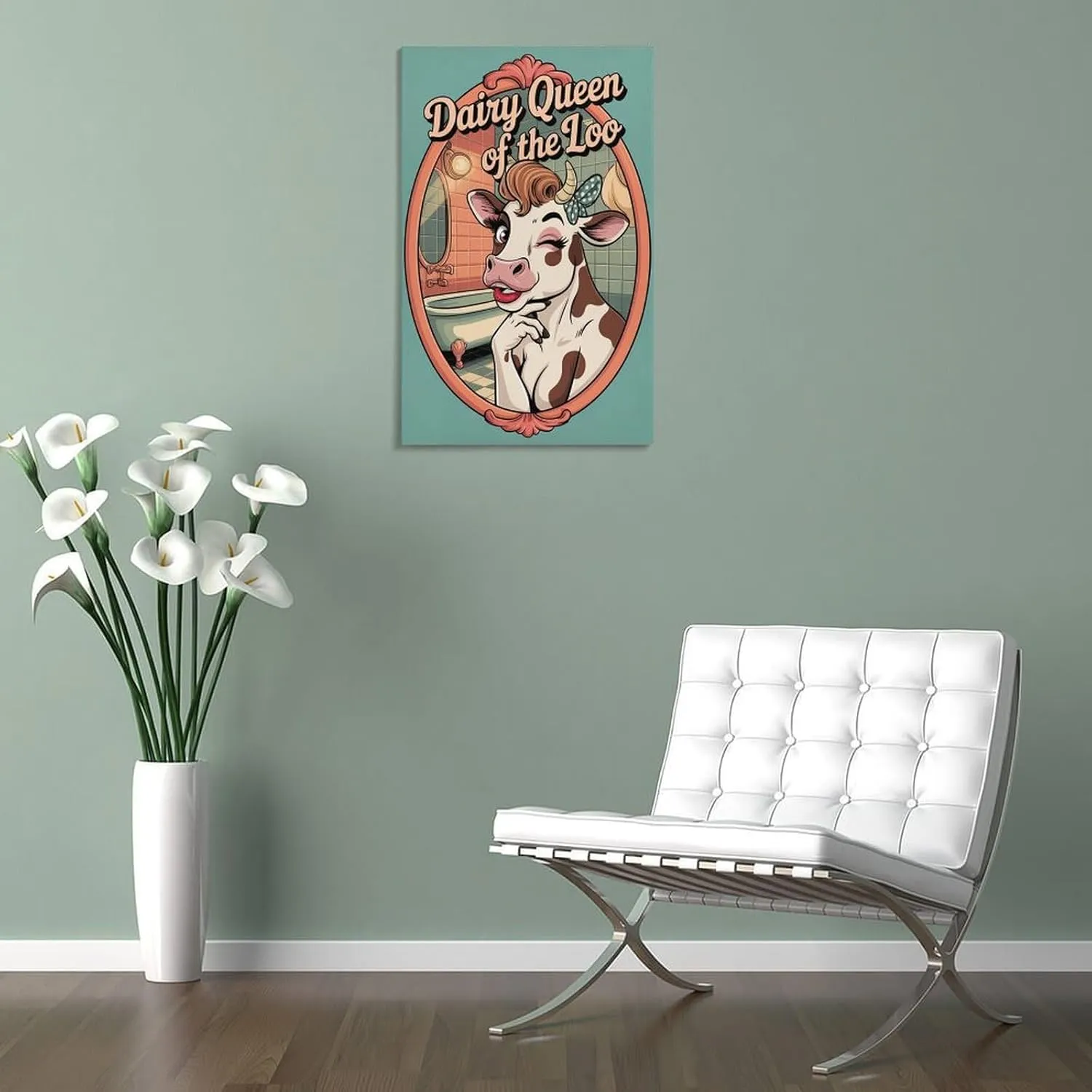 Funny Bathroom Poster Featuring Cow Bathroom Mirror Pose Dairy Queen Canvas Poster Frame-style 16x24inch(40x60cm)