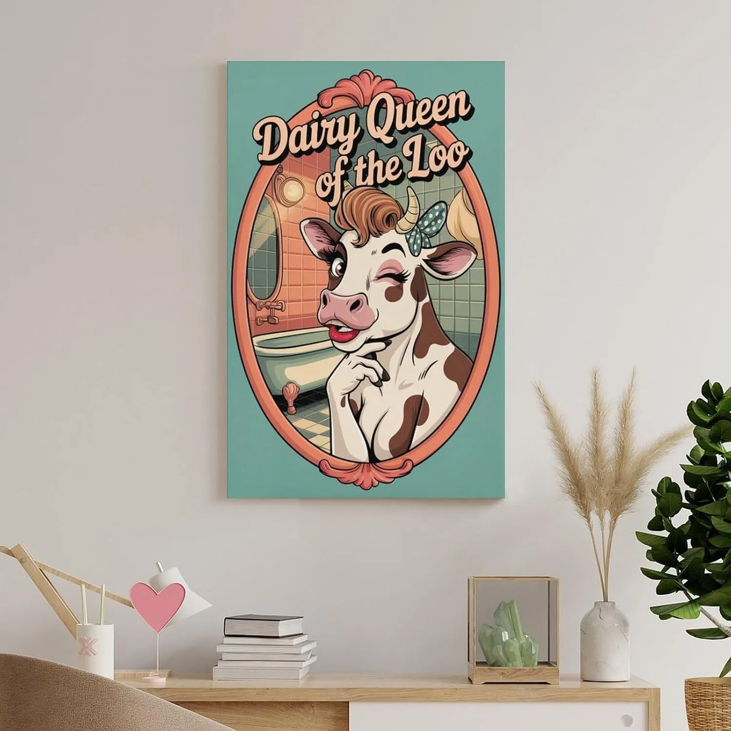 Funny Bathroom Poster Featuring Cow Bathroom Mirror Pose Dairy Queen Canvas Poster Frame-style 16x24inch(40x60cm)