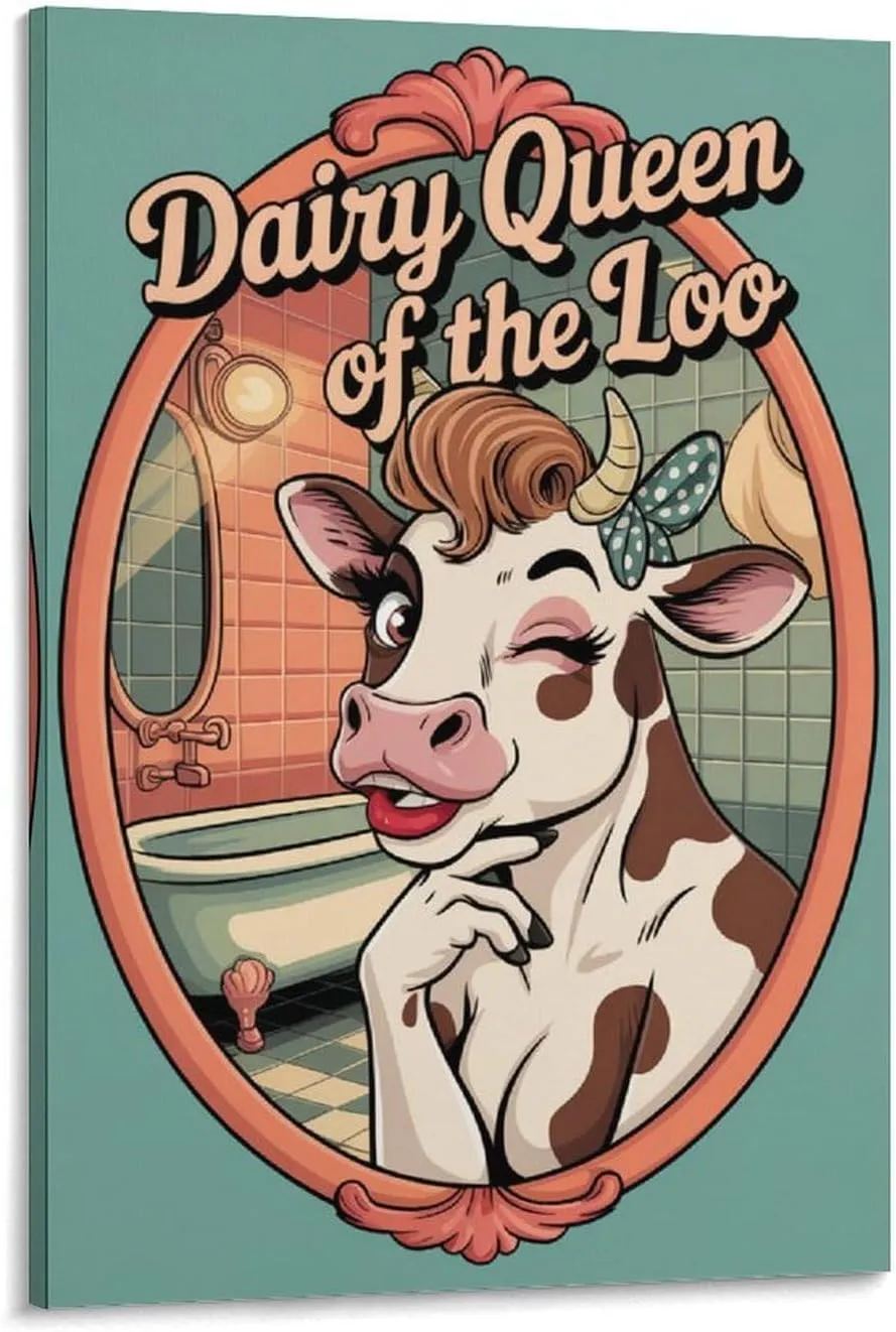 Funny Bathroom Poster Featuring Cow Bathroom Mirror Pose Dairy Queen Canvas Poster Frame-style 16x24inch(40x60cm)