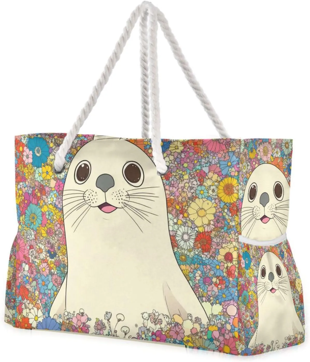 Funny Seal Flower Travel Duffel Bag, Sports Waterproof Sandproof with side pockets Large Work Tote for Swim Pool