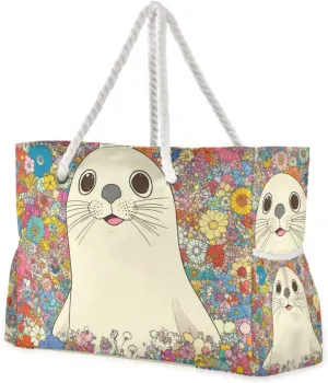 Funny Seal Flower Travel Duffel Bag, Sports Waterproof Sandproof with side pockets Large Work Tote for Swim Pool