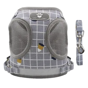 Furbulous No Pull Cat Small Dog Harness and Lead Set Adjustable Reflective Step-in Vest Harnesses Mesh Padded Plaid Escape Proof Puppy Jacket - Grey Medium