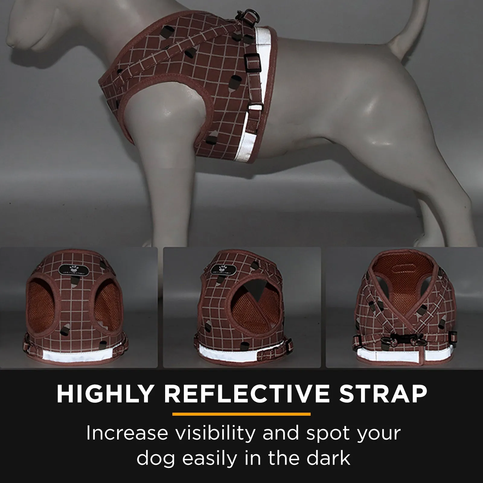 Furbulous No Pull Cat Small Dog Harness and Lead Set Adjustable Reflective Step-in Vest Harnesses Mesh Padded Plaid Escape Proof Puppy Jacket - Grey Medium