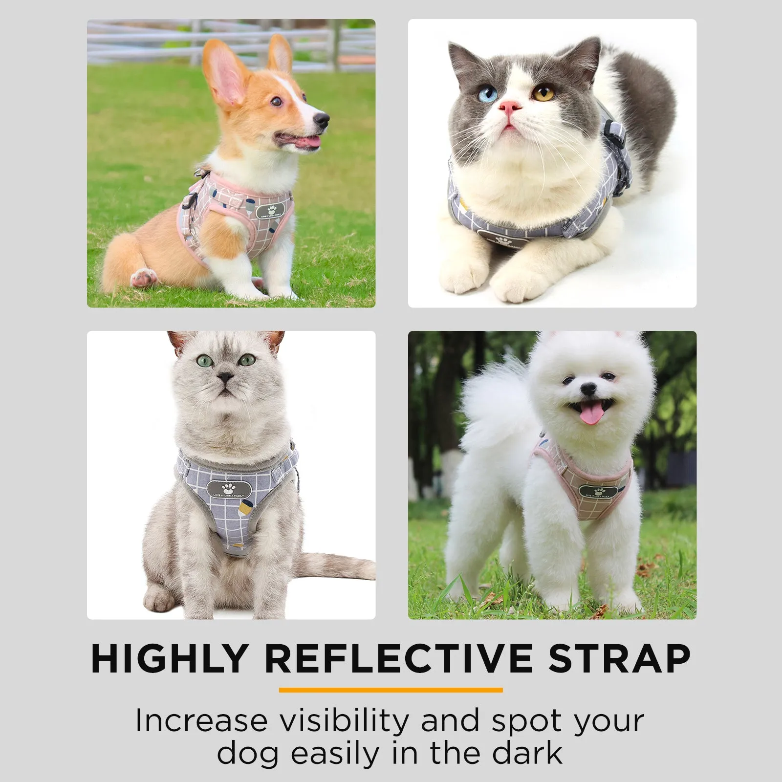 Furbulous No Pull Cat Small Dog Harness and Lead Set Adjustable Reflective Step-in Vest Harnesses Mesh Padded Plaid Escape Proof Puppy Jacket - Grey Medium