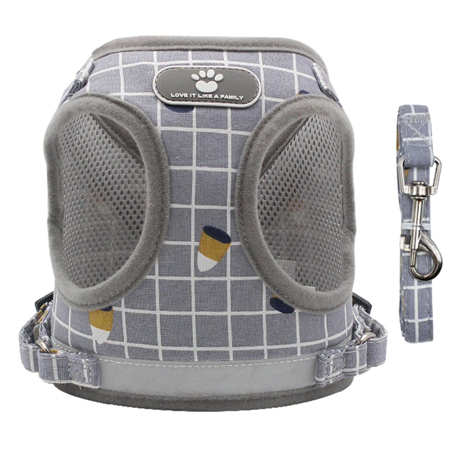 Furbulous No Pull Cat Small Dog Harness and Lead Set Adjustable Reflective Step-in Vest Harnesses Mesh Padded Plaid Escape Proof Puppy Jacket - Grey Medium