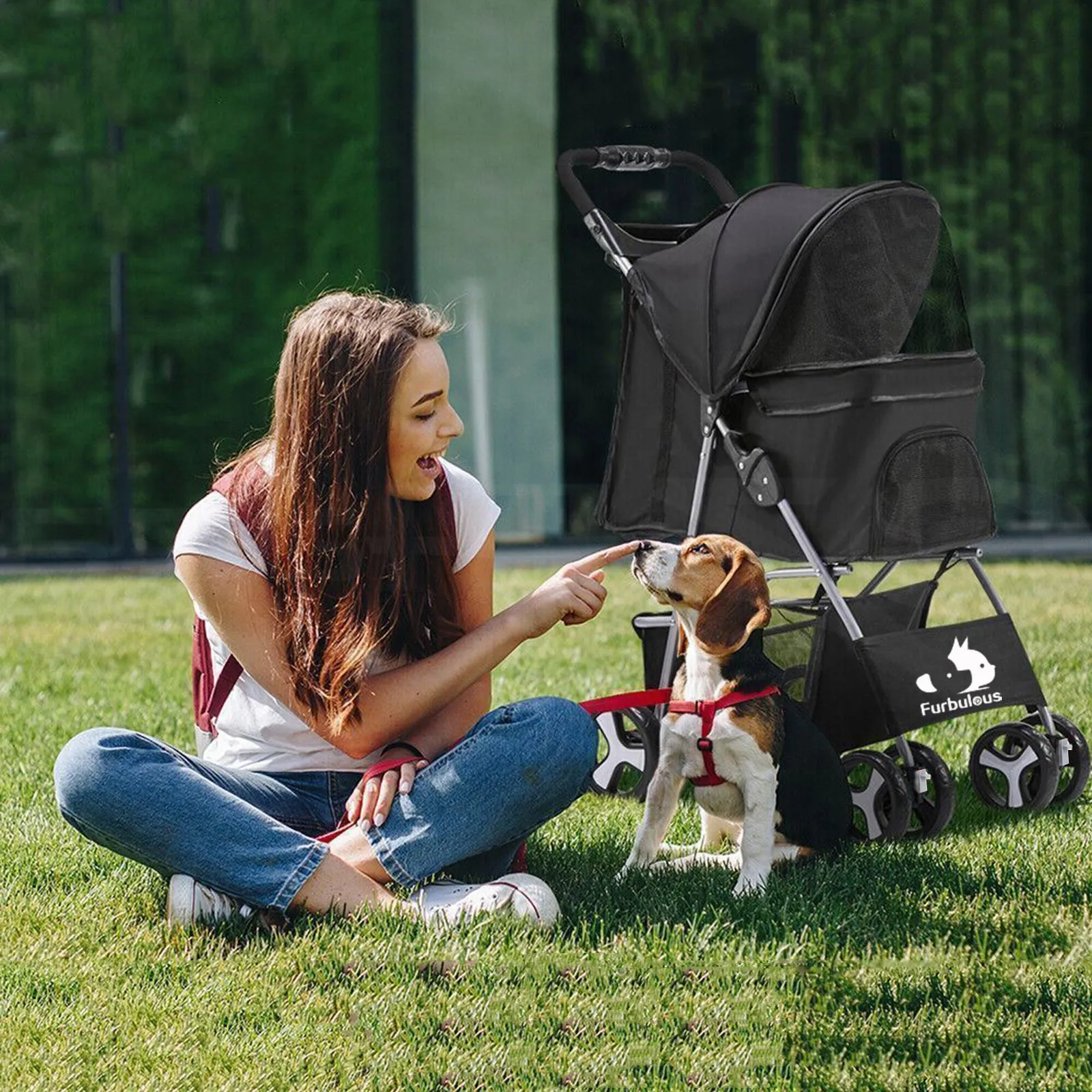 Furbulous Pet Stroller 4 Wheel Foldable Dog Pram Large Cat Travel Carrier