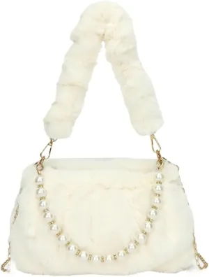 Furry Shoulder Crossbody Bag for Women Fuzzy Faux Fur Hobo Tote Handbag Plush Handbag Pearl Chain Armpit Purse