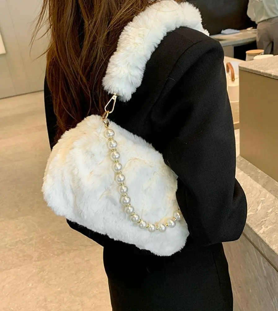 Furry Shoulder Crossbody Bag for Women Fuzzy Faux Fur Hobo Tote Handbag Plush Handbag Pearl Chain Armpit Purse