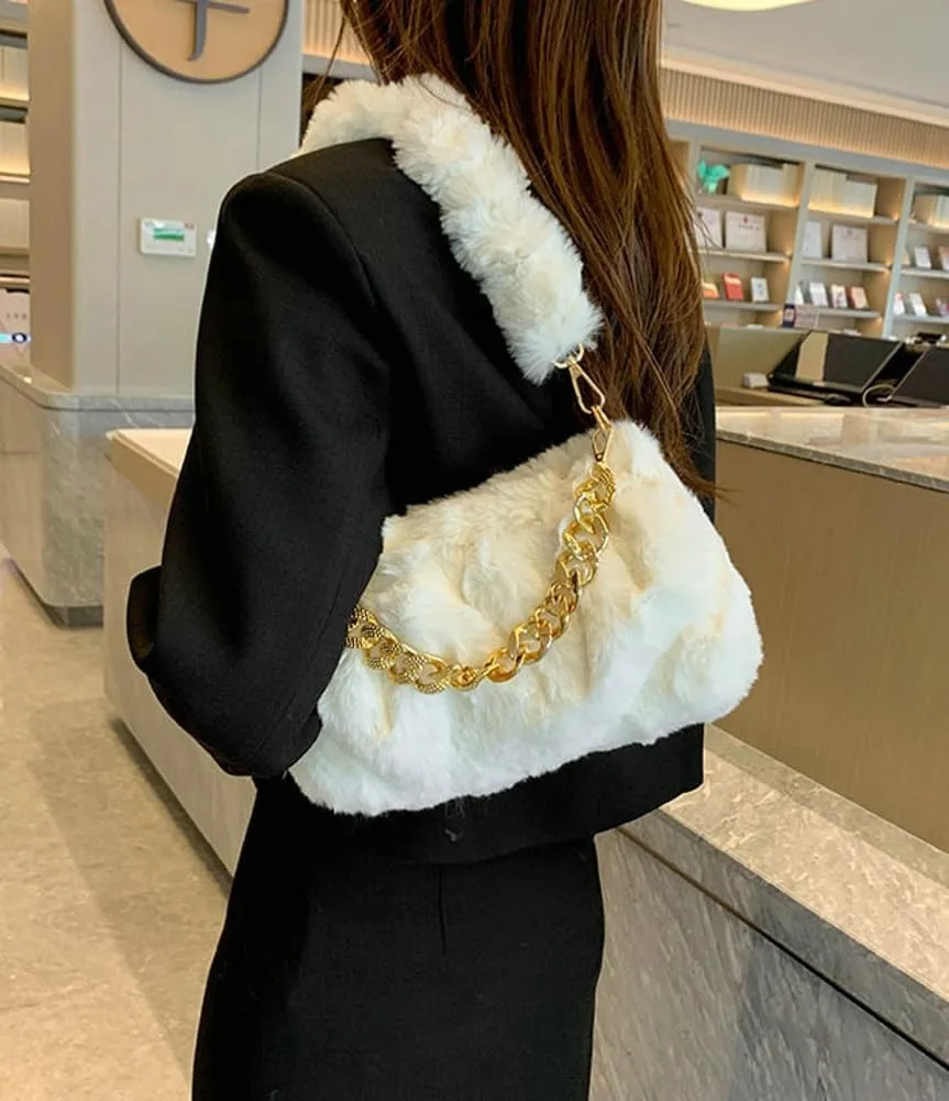 Furry Shoulder Crossbody Bag for Women Fuzzy Faux Fur Hobo Tote Handbag Plush Handbag Pearl Chain Armpit Purse