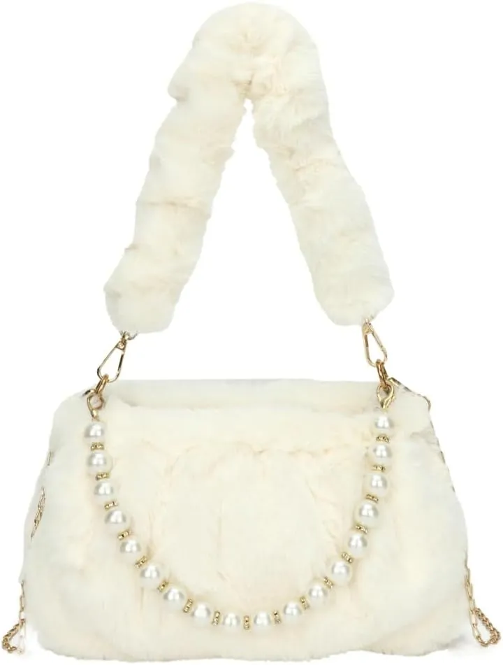 Furry Shoulder Crossbody Bag for Women Fuzzy Faux Fur Hobo Tote Handbag Plush Handbag Pearl Chain Armpit Purse