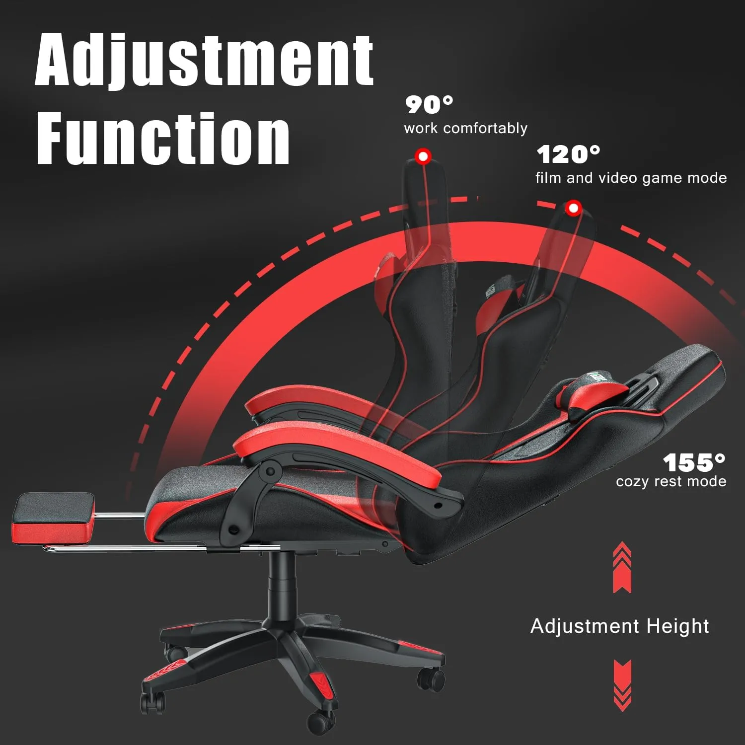 Gaming Chair with Footrest, High Back Ergonomic Computer Gamer Chair with Headrest and Lumbar Support, Racing Style Reclining Game Chair for Adults, Kids (Red-Black)