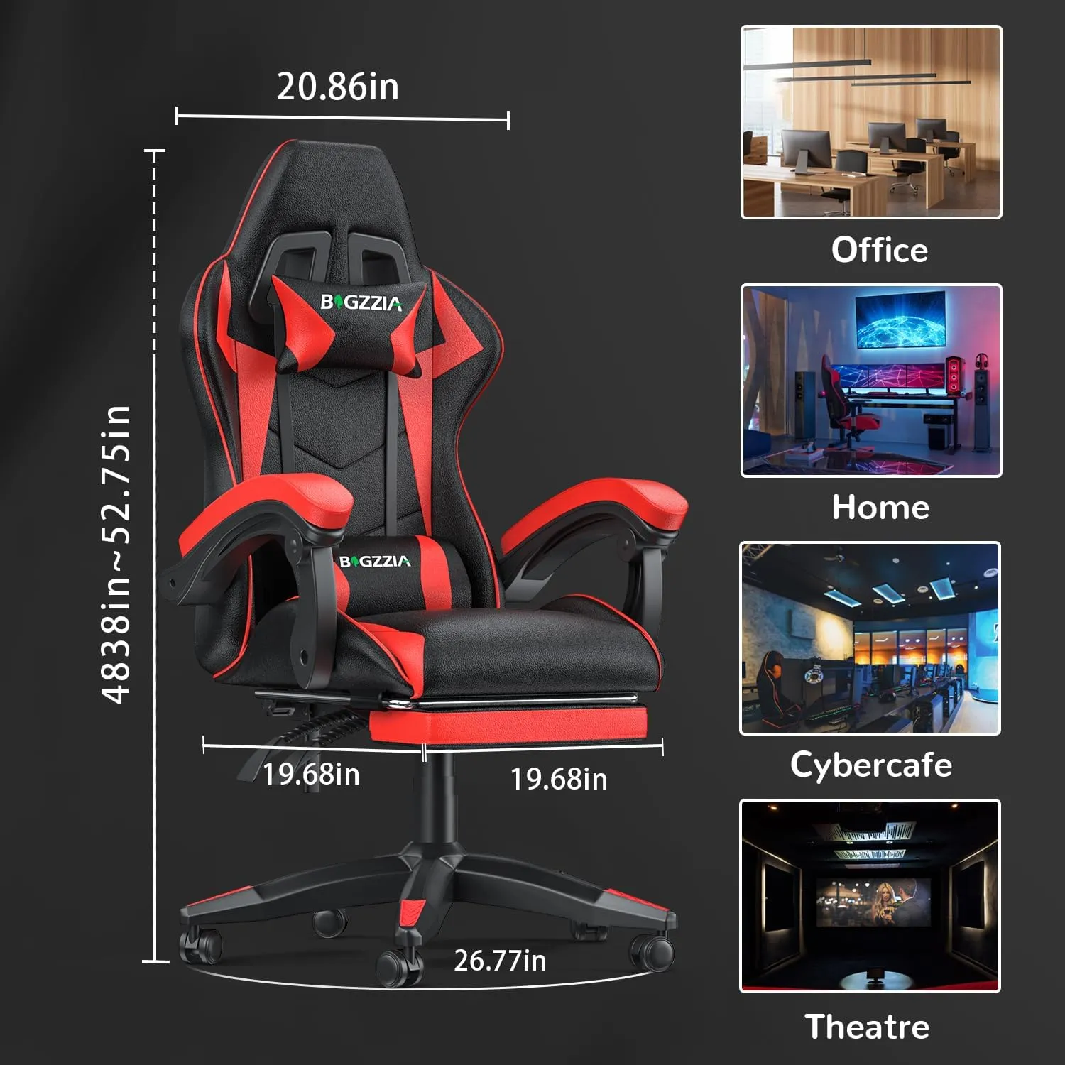 Gaming Chair with Footrest, High Back Ergonomic Computer Gamer Chair with Headrest and Lumbar Support, Racing Style Reclining Game Chair for Adults, Kids (Red-Black)