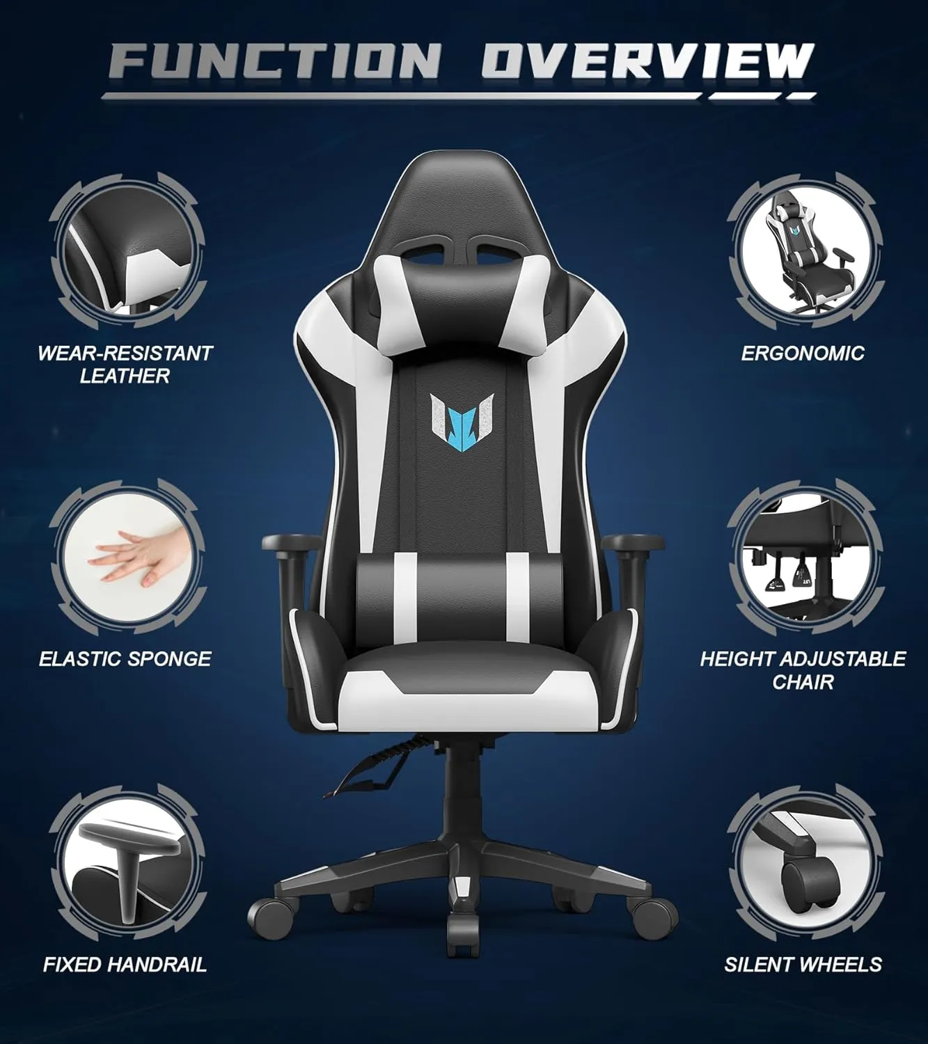 Gaming Chair with Footrest, High Back Ergonomic Computer Gamer Chair with Headrest and Lumbar Support, Racing Style Reclining Game Chair for Adults, Kids (White-Black)