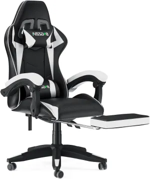 Gaming Chair with Footrest, High Back Ergonomic Computer Gamer Chair with Headrest and Lumbar Support, Racing Style Reclining Game Chair for Adults, Kids (White-Black)
