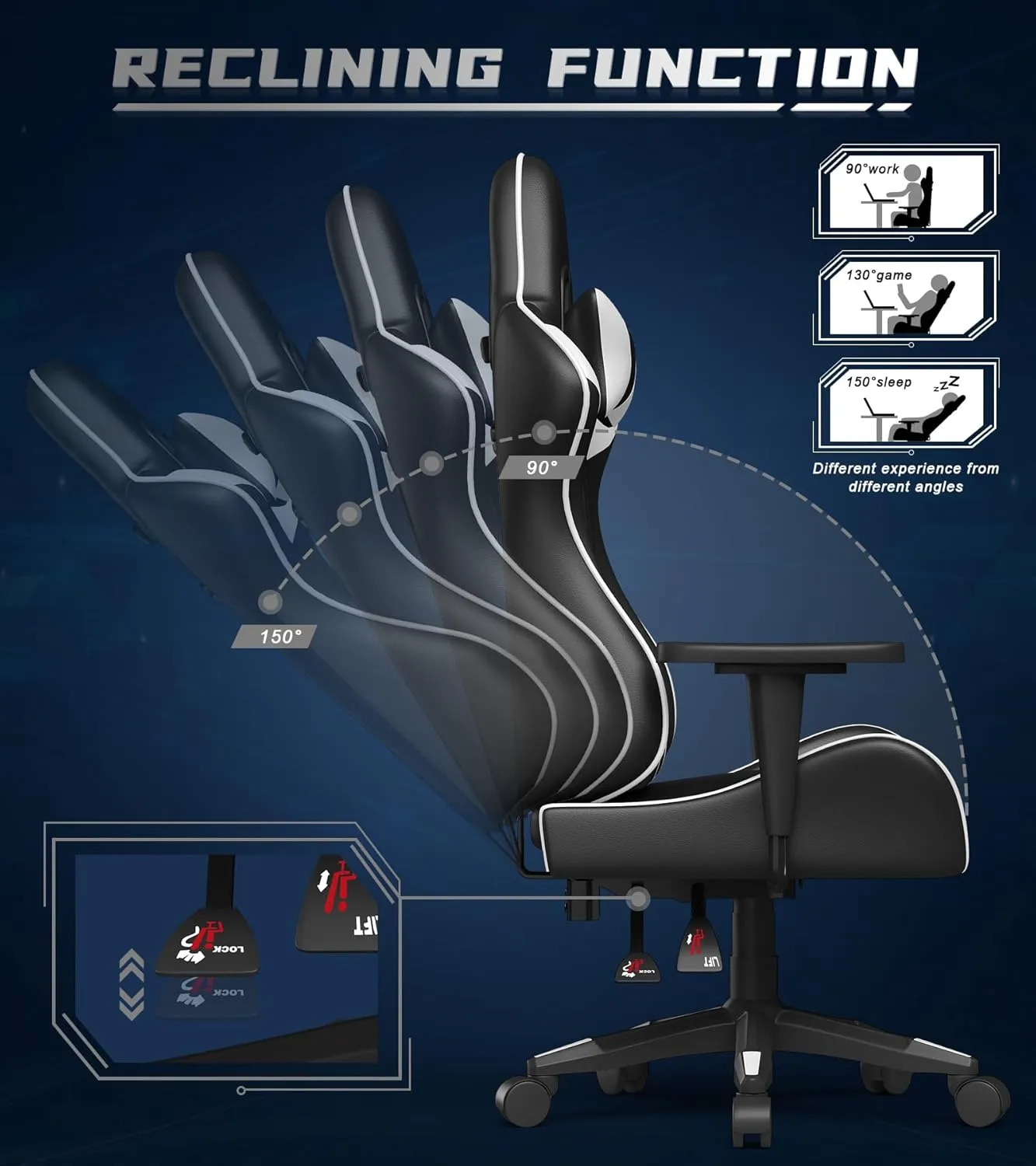 Gaming Chair with Footrest, High Back Ergonomic Computer Gamer Chair with Headrest and Lumbar Support, Racing Style Reclining Game Chair for Adults, Kids (White-Black)