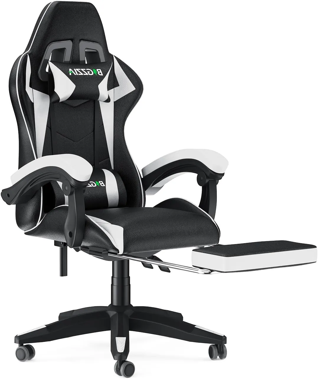 Gaming Chair with Footrest, High Back Ergonomic Computer Gamer Chair with Headrest and Lumbar Support, Racing Style Reclining Game Chair for Adults, Kids (White-Black)