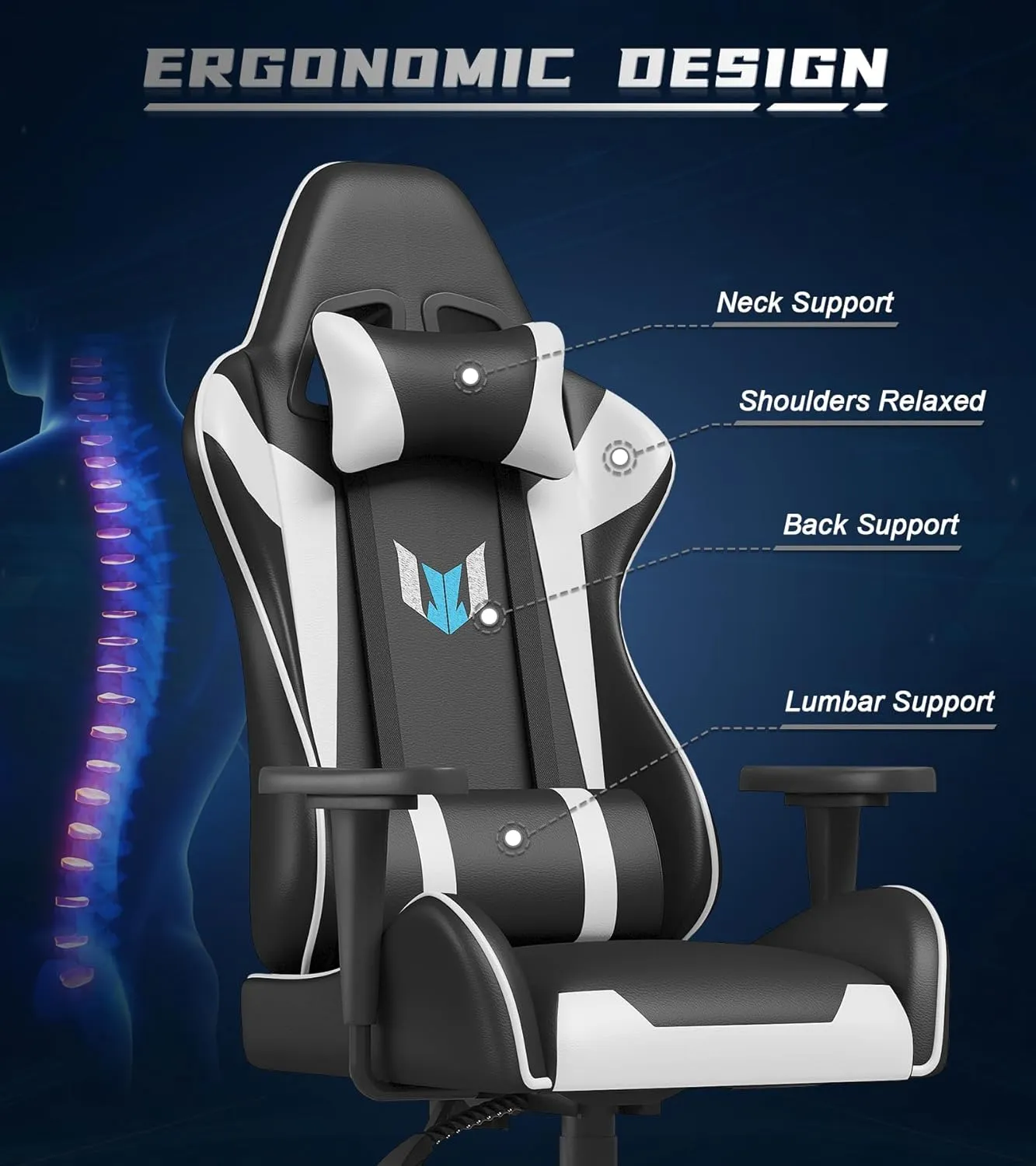 Gaming Chair with Footrest, High Back Ergonomic Computer Gamer Chair with Headrest and Lumbar Support, Racing Style Reclining Game Chair for Adults, Kids (White-Black)