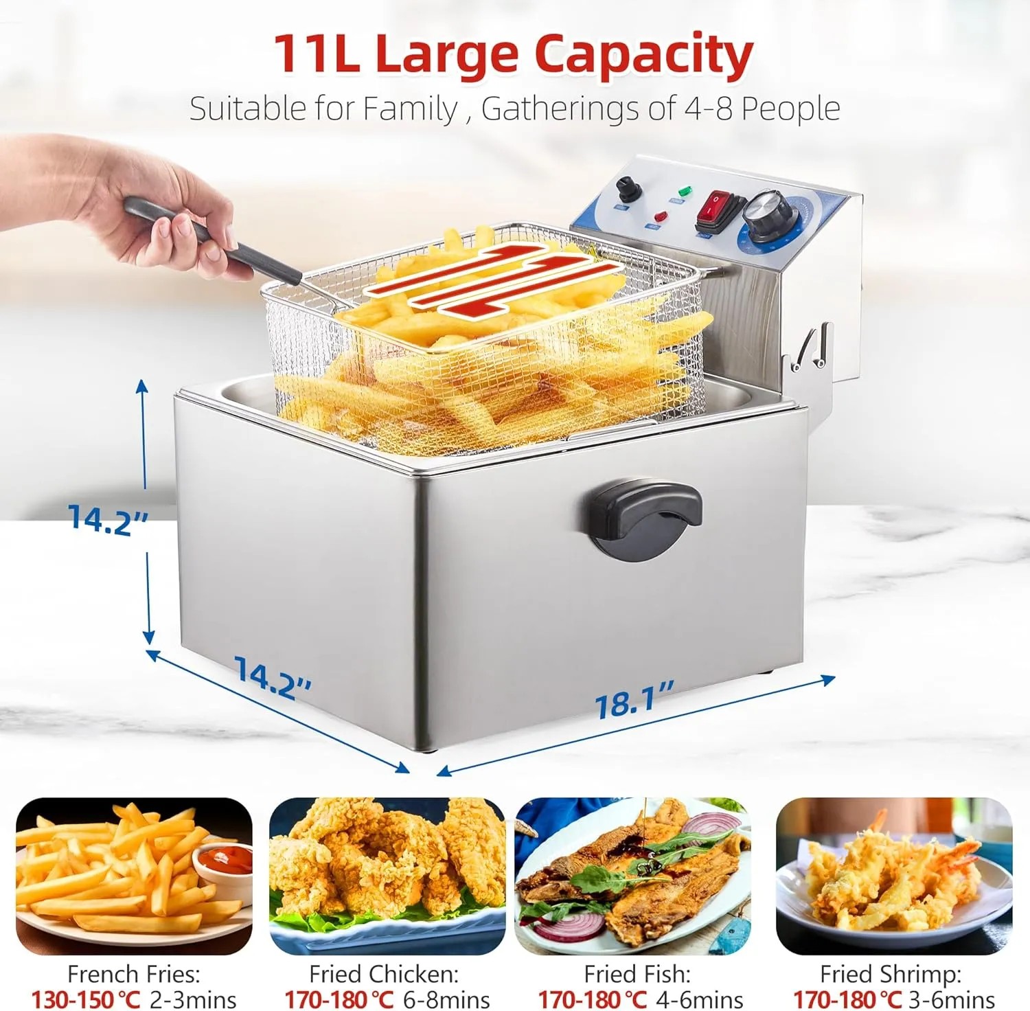 GARVEE 11 L/11.6 Qts Electric Deep Fryer with Basket and lid Adjustable Temperature Control Stainless Steel Perfect for Fried Chicken, Shrimp, French Fries, Chips & More