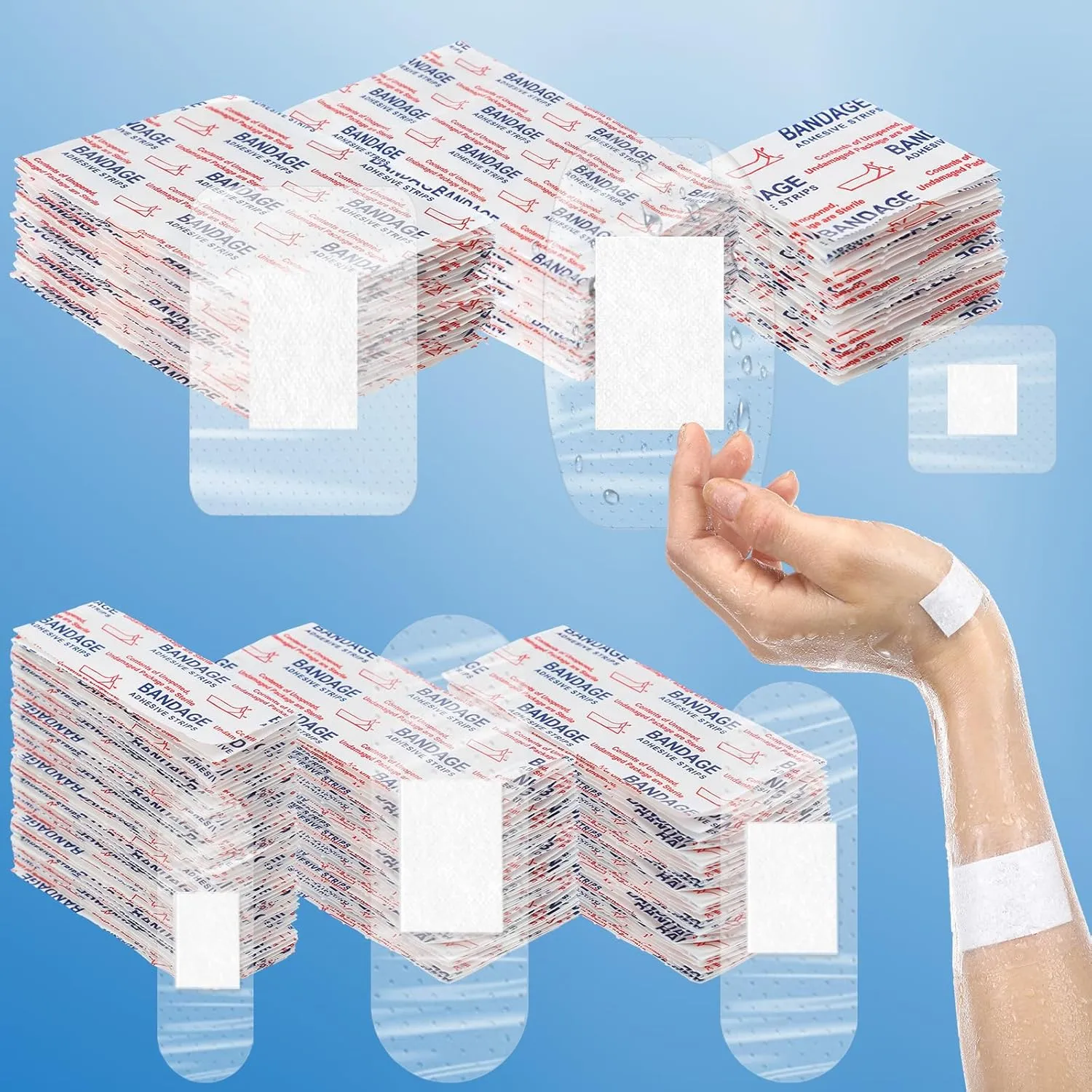Geiserailie 200 Pcs Sheer Waterproof Bandages Family Variety Pack Clear Adhesive Bandages for Wound Care, Fingers, Elbows, Knees and Heels, Stays on Skin in The Bath, Shower or Pool